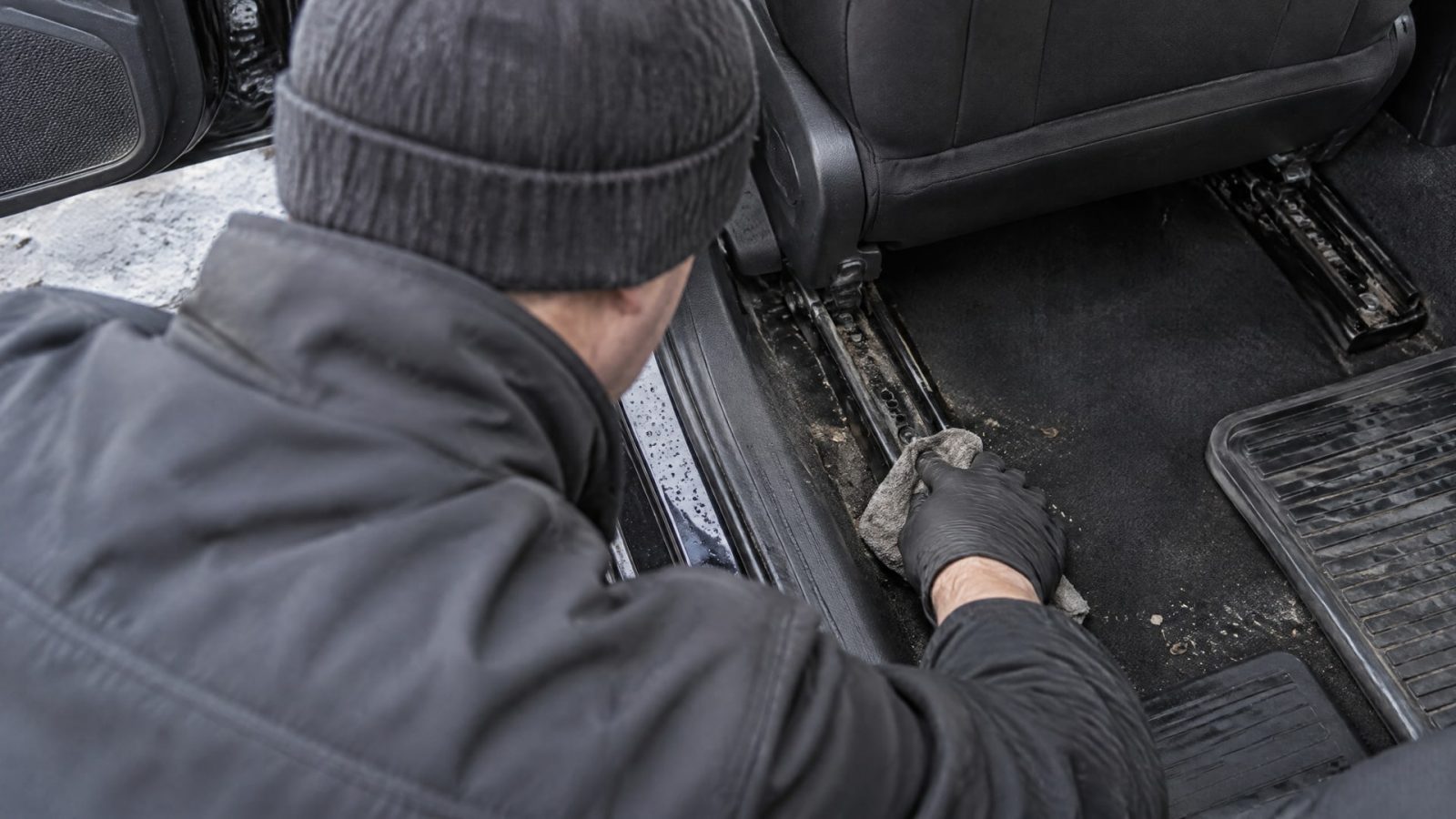 Человек протирает грязные направляющие автомобильного сиденья, отодвинутого вперед.