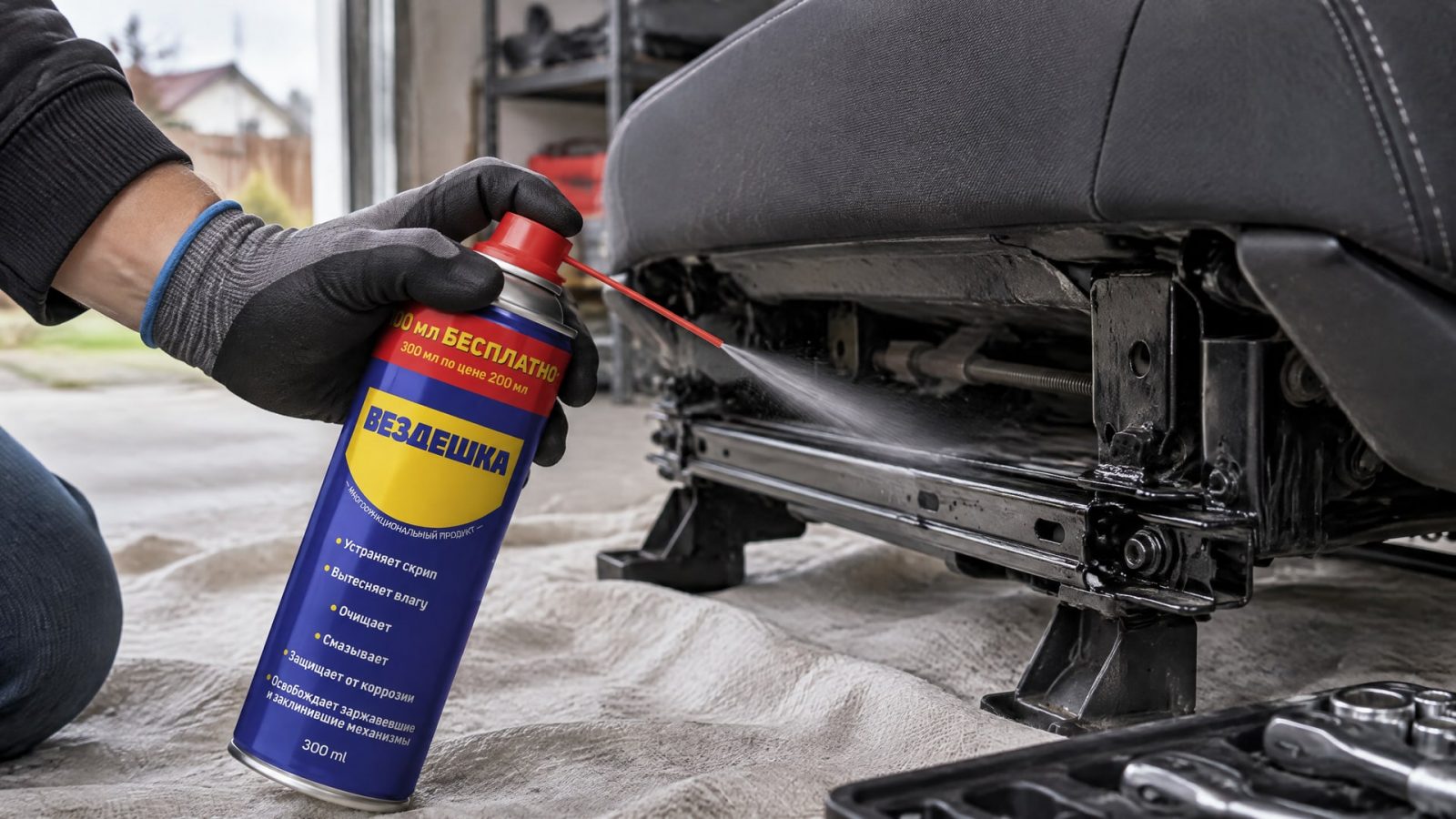 Рука в перчатке наносит универсальную смазку WD-40 на направляющие сидений.