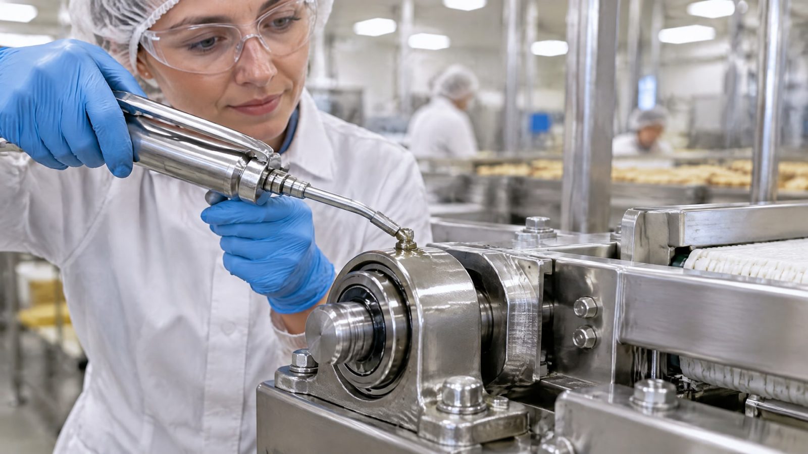 Тонкая пленка смазки H1 блестит на подшипнике конвейера из нержавеющей стали.