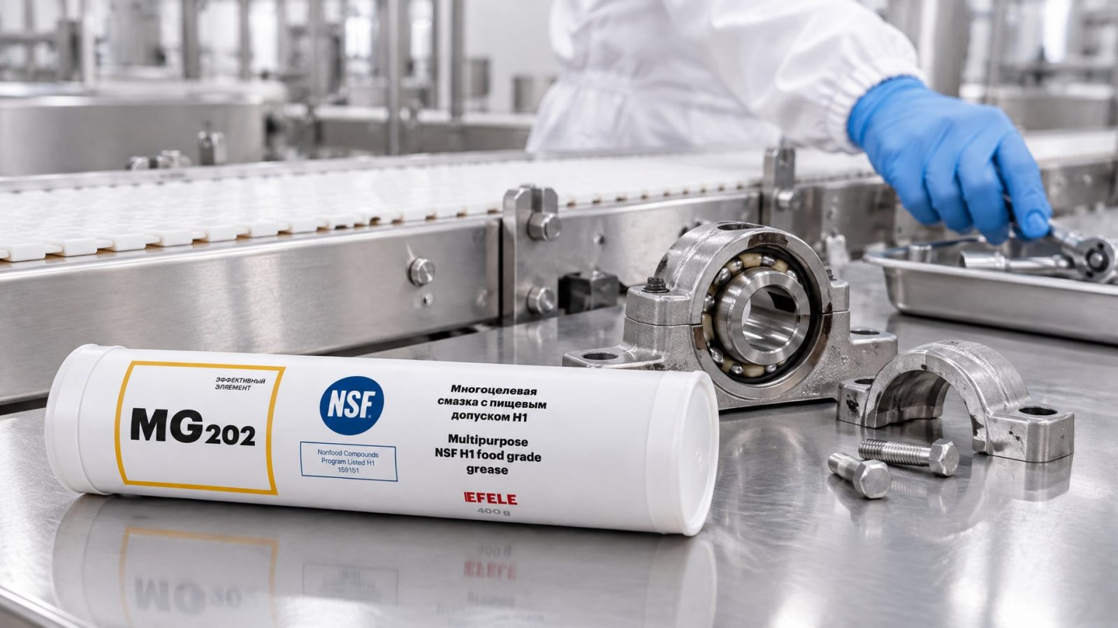 Рабочий наносит смазку EFELE MG-202 (NSF H1) на оборудование для замороженных продуктов.