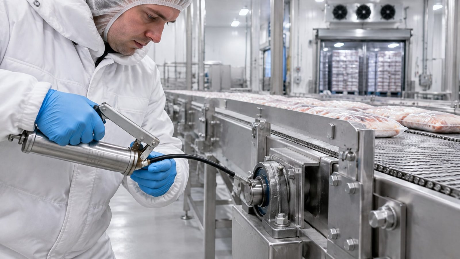 Рабочий наносит смазку на подшипник конвейера оборудования замороженных продуктов.