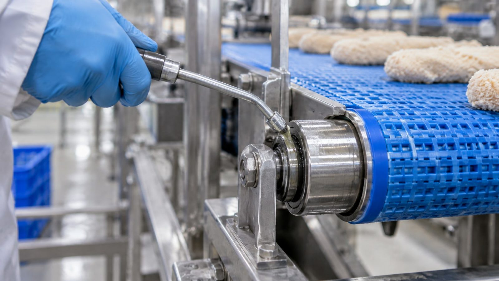 Тонкий слой смазки на роликах конвейера оборудования замороженных продуктов.