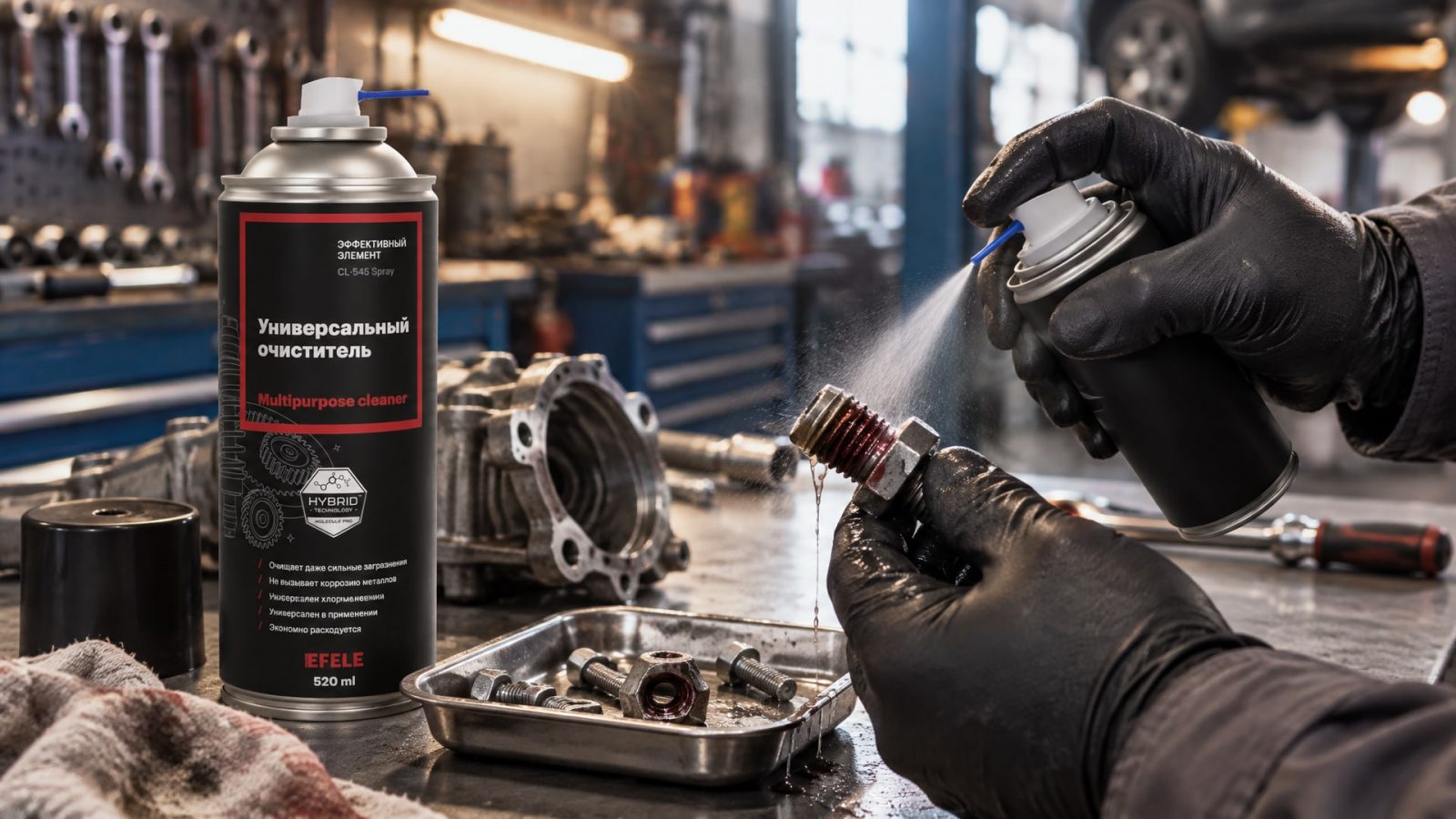 Нанесение EFELE CL-545 Spray (универсального очистителя) на деталь рукой в перчатке.