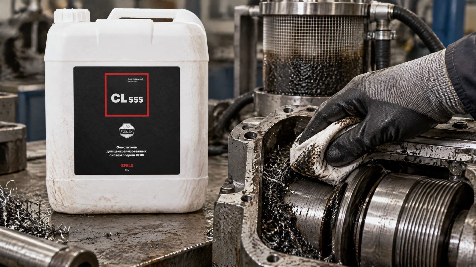 Рабочий очищает систему СОЖ продуктом EFELE CL-555.