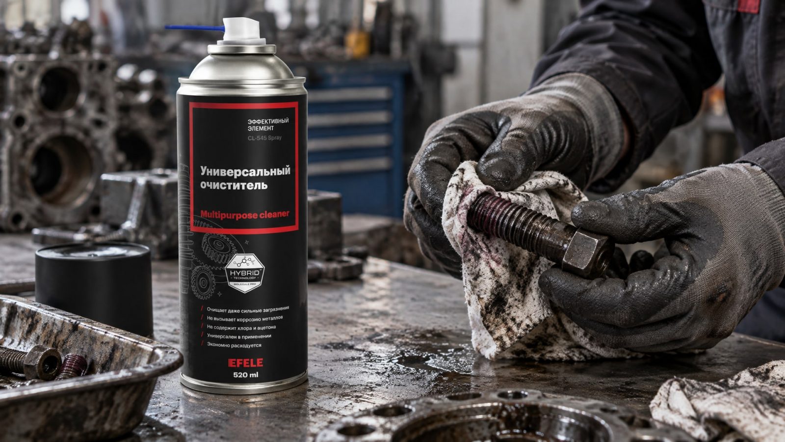 Рука в перчатке наносит EFELE CL-545 Spray, чтобы удалить анаэробный герметик.