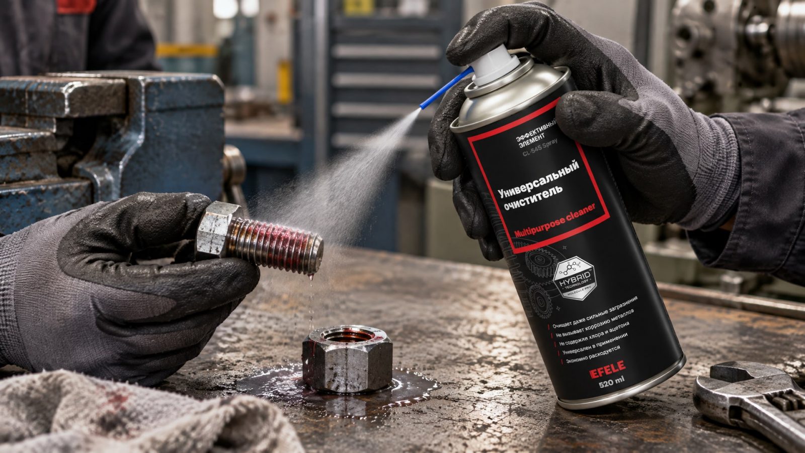 Рука наносит EFELE CL-545 Spray, чтобы удалить анаэробный герметик.