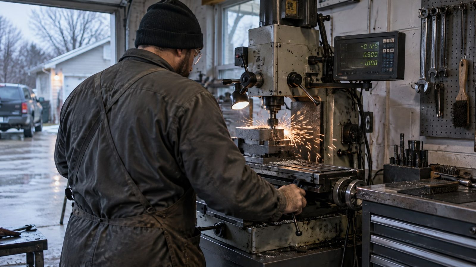 Домашний умелец фрезерует закаленную сталь, наблюдая за искрящейся зоной контакта для увеличения стойкости фрезы.