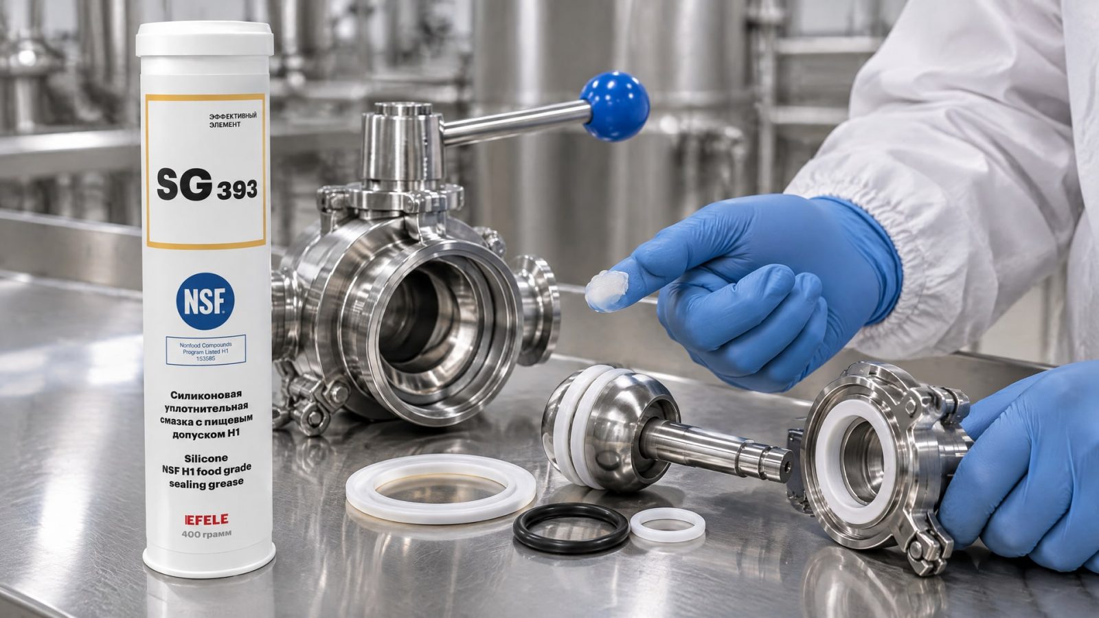 Рука в перчатке наносит смазку EFELE SG-393 (силиконовая, NSF H1) на упаковку продукта.
