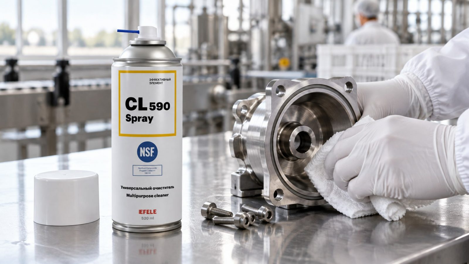 Рабочий наносит EFELE CL-590 Spray для мойки оборудования пищевого производства.
