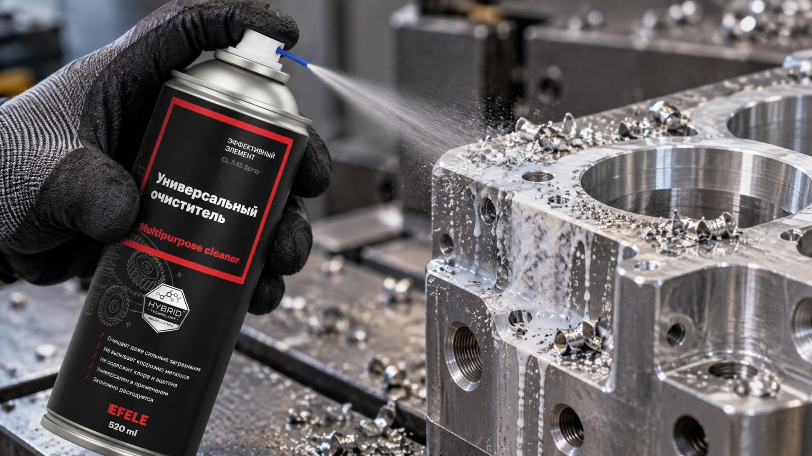 Рука в перчатке наносит EFELE CL-545 Spray (универсальный очиститель) на деталь.