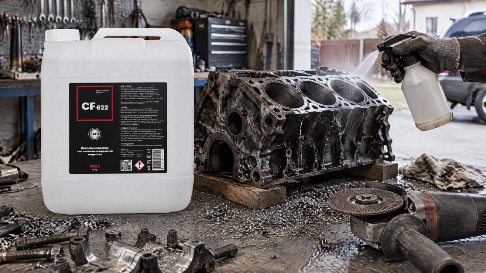 Рука в перчатке наносит EFELE CF-622 (полусинтетическая СОЖ) для обработки чугуна.