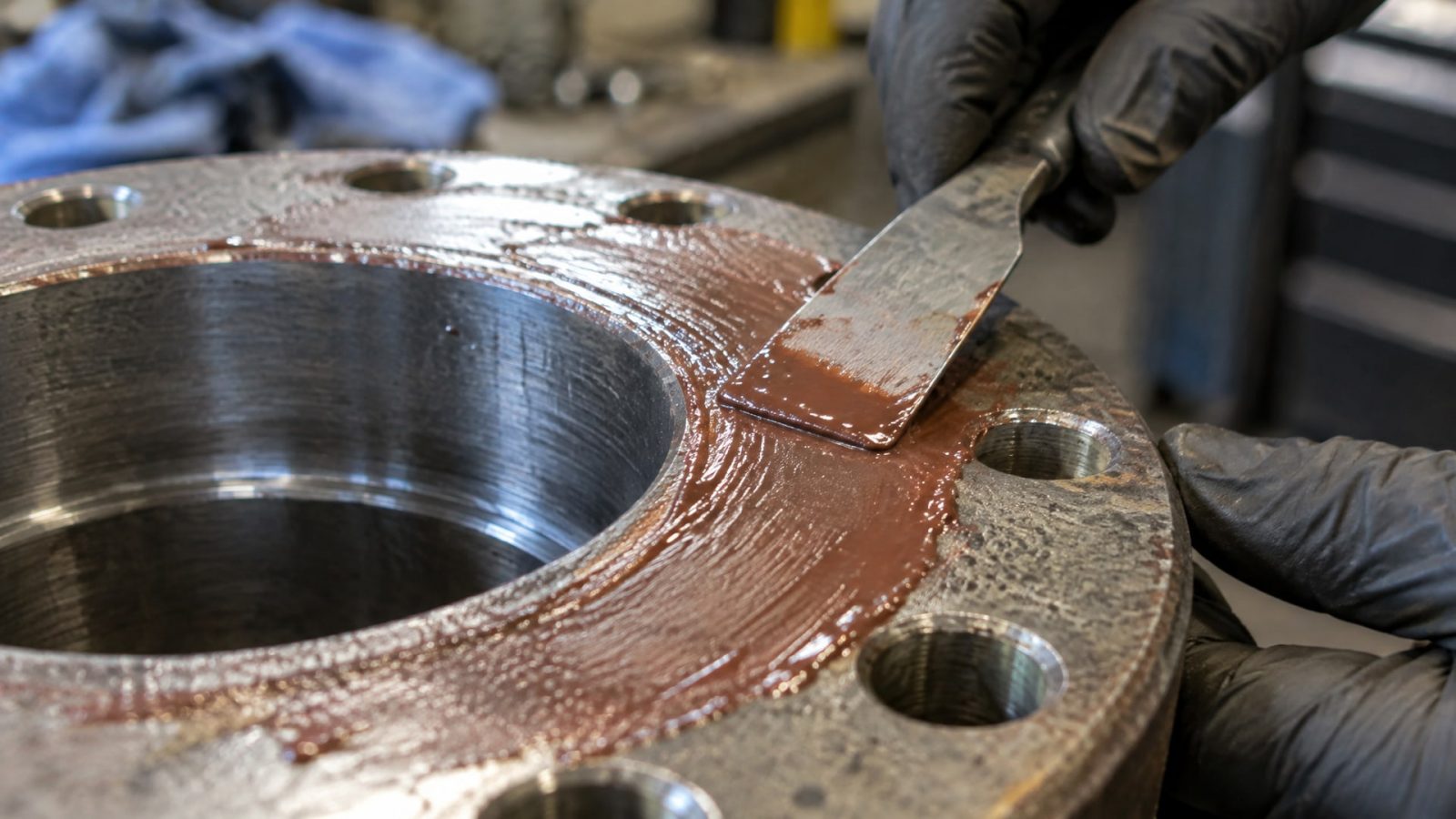 Замена прокладок фланцев: герметик схватывается, образуя тонкий липкий слой на шероховатой металлической поверхности фланца.