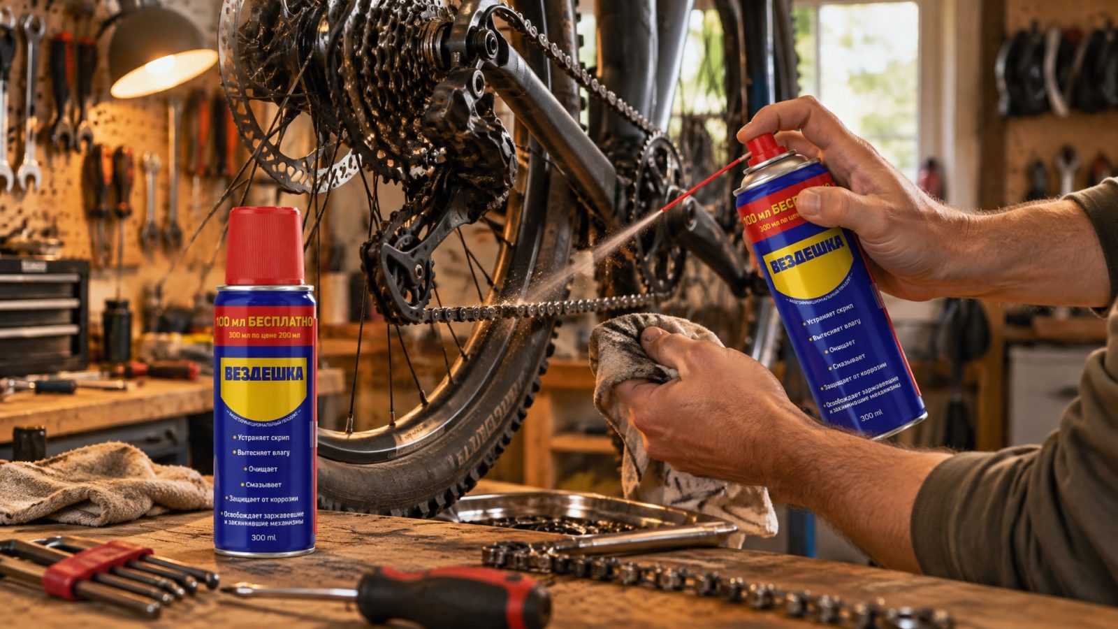 Рука в перчатке смазывает велосипедную цепь универсальной смазкой WD-40.