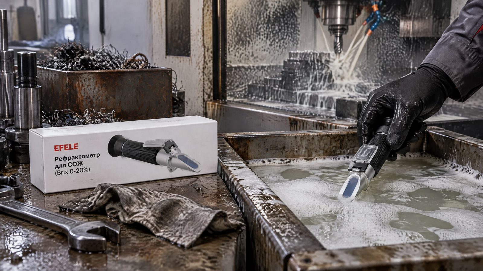Рука в перчатке наносит EFELE Рефрактометр для СОЖ, контролируя концентрацию.