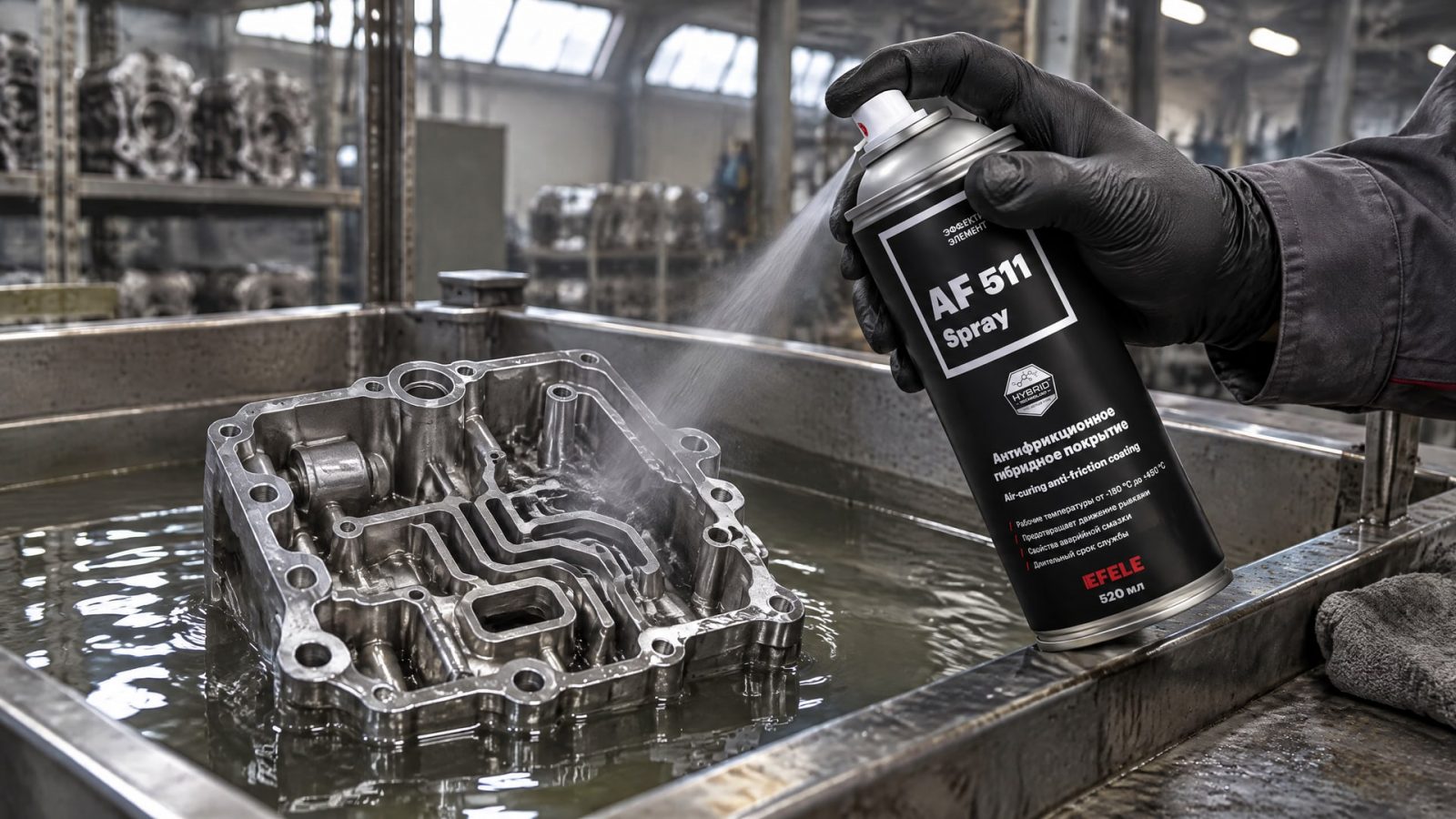 Нанесение EFELE AF-511 Spray на детали для обработки каналов смазкой.