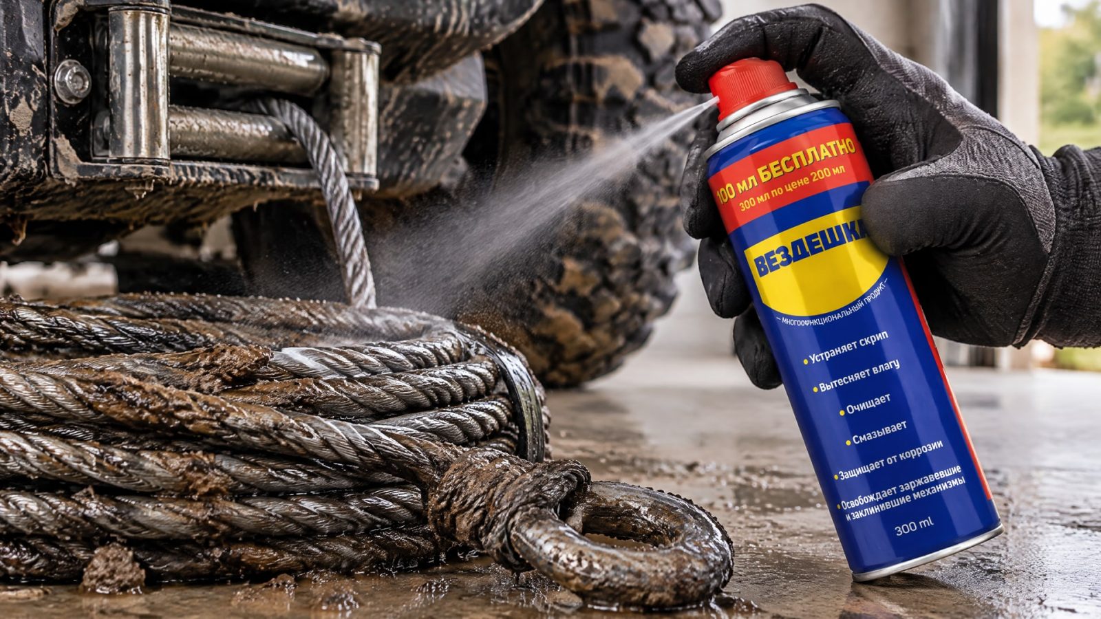 Рука в перчатке наносит универсальную смазку WD40 на детали.