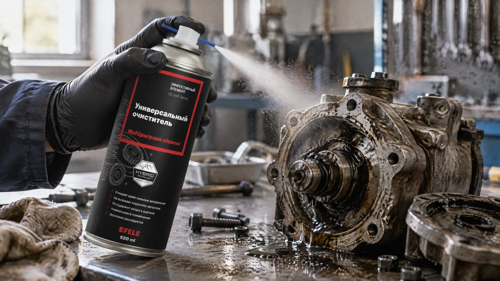 Рука в перчатке наносит EFELE CL-545 Spray на оборудование