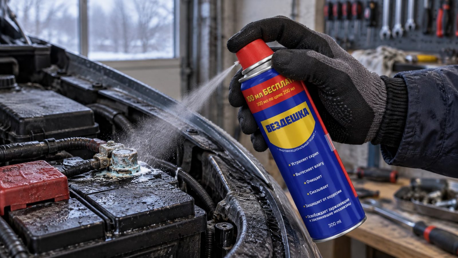 Рука в перчатке наносит универсальную смазку wd-40 на клемму.