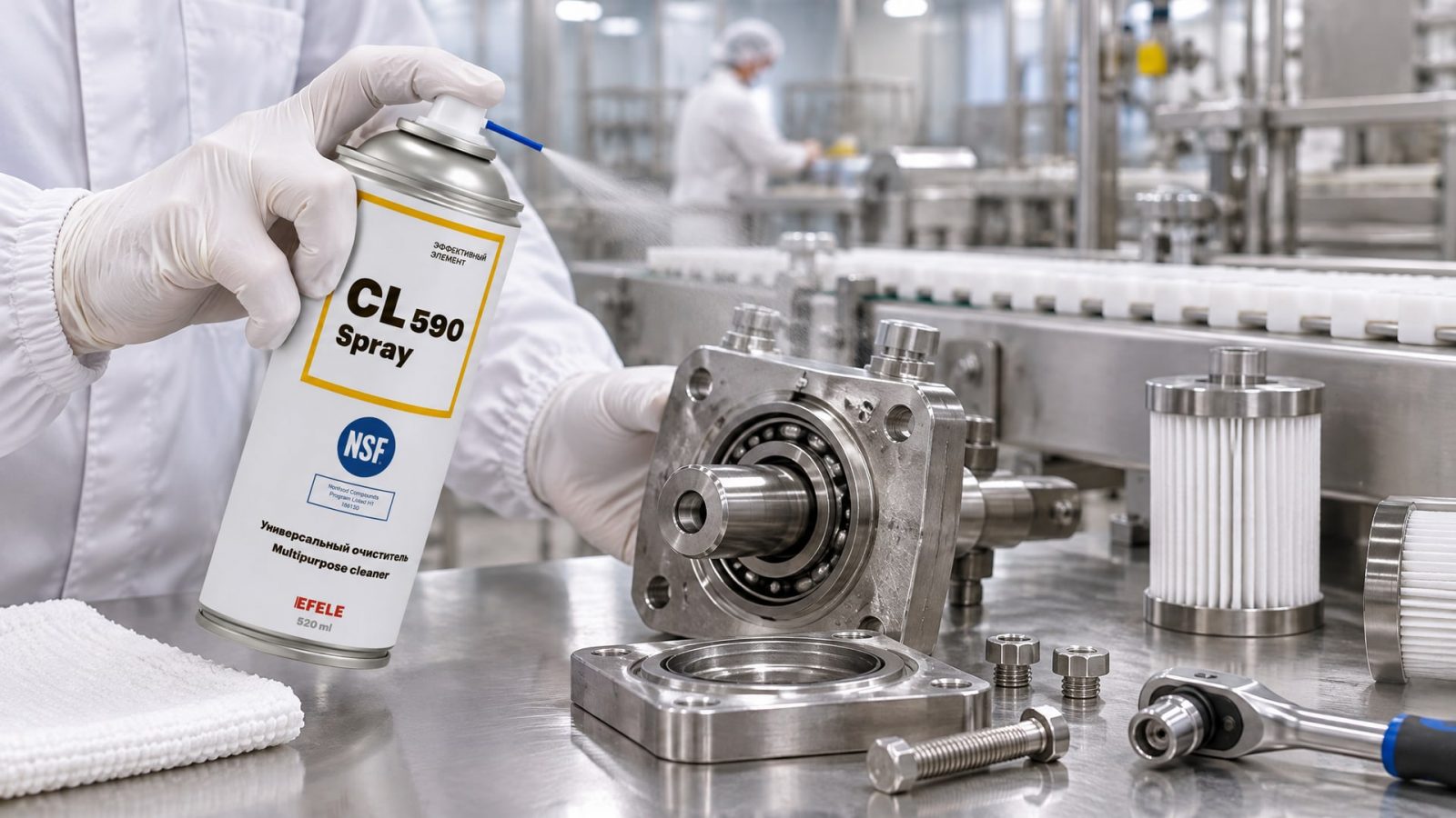 Работник распыляет очиститель EFELE CL-590 Spray для перехода на пищевые масла.