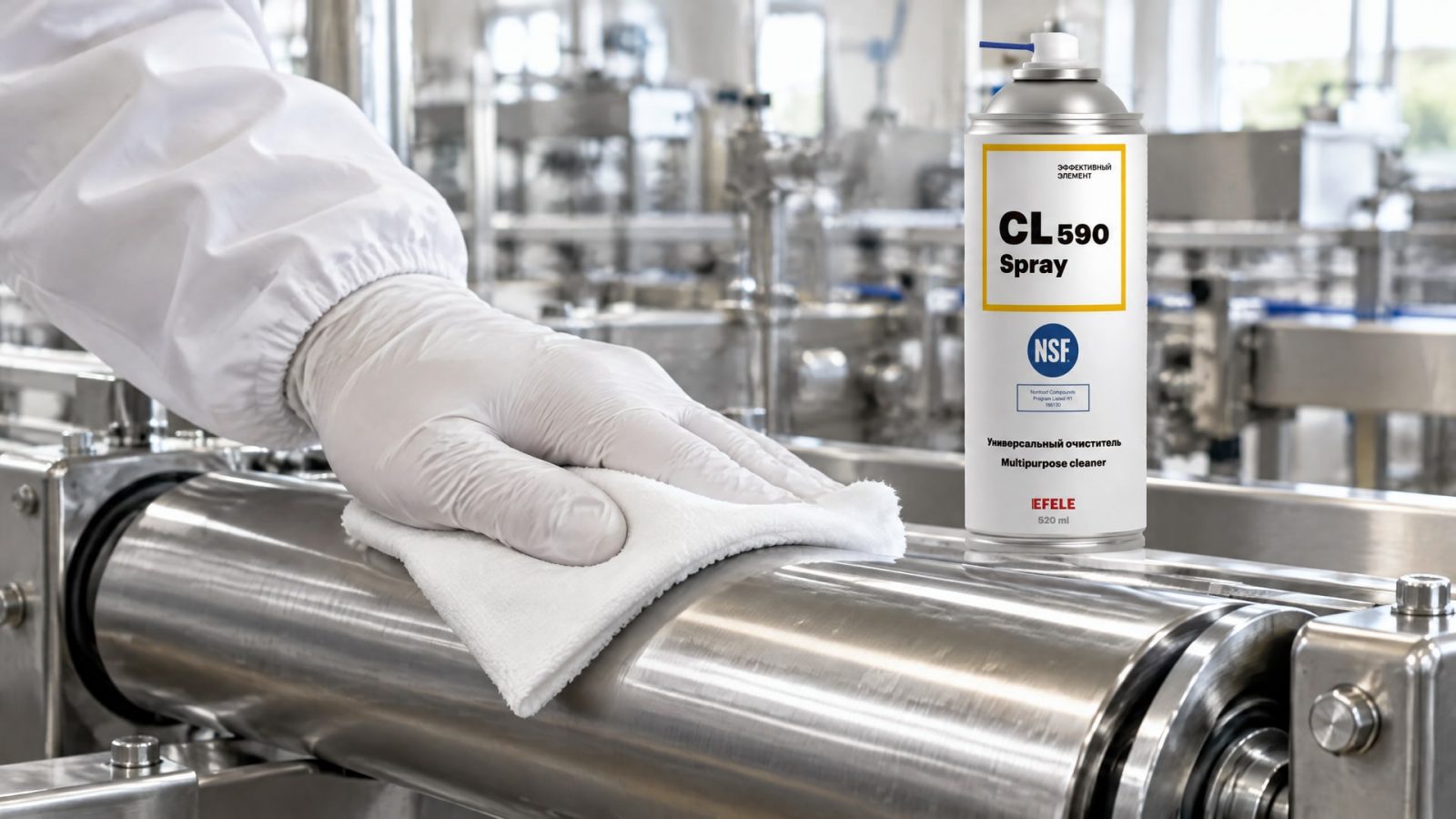 Рука в перчатке наносит EFELE CL-590 Spray для очистки оборудования пищевой смазкой.