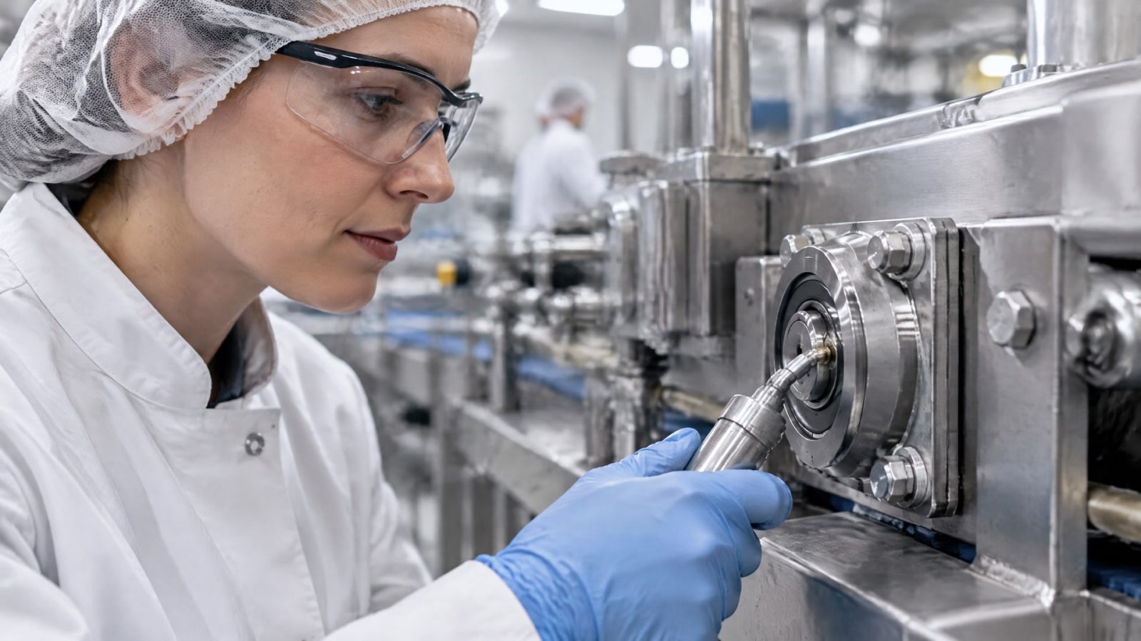 Работник внимательно изучает этикетку пищевой смазки с маркировкой NSF H1.