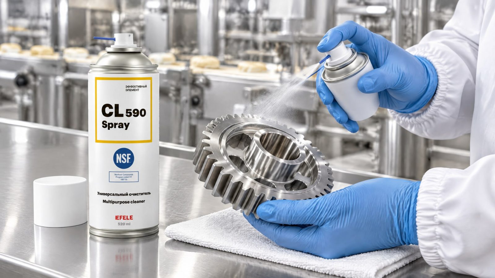 Работник в перчатках наносит EFELE CL-590 Spray на оборудование после пищевой смазки.