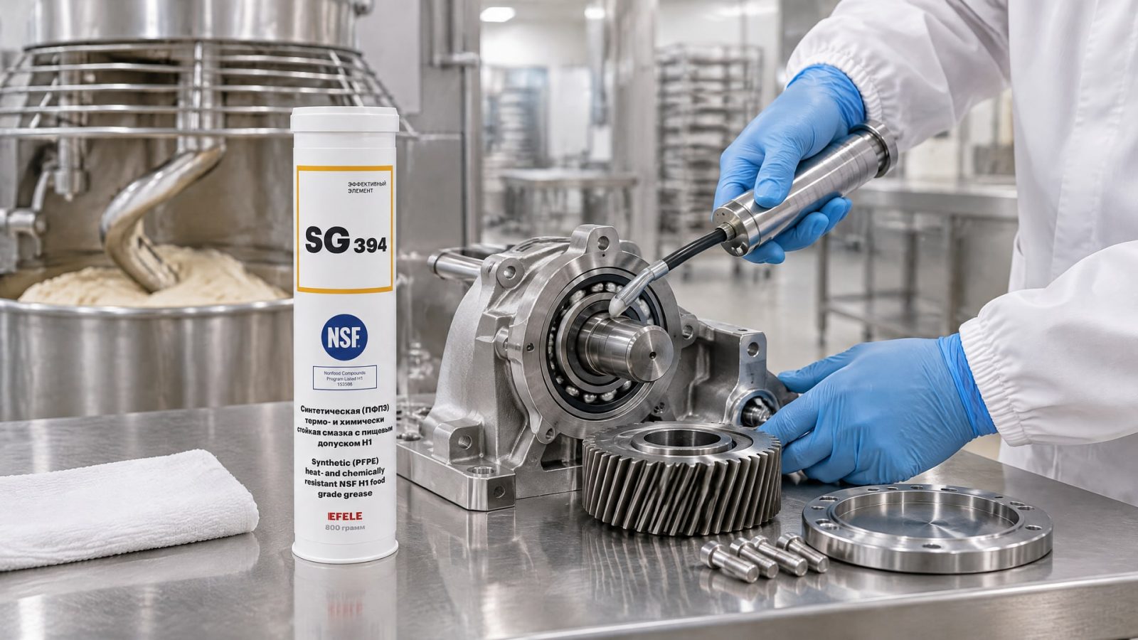 Рука в перчатке наносит пищевую смазку EFELE SG-394 на деталь оборудования.