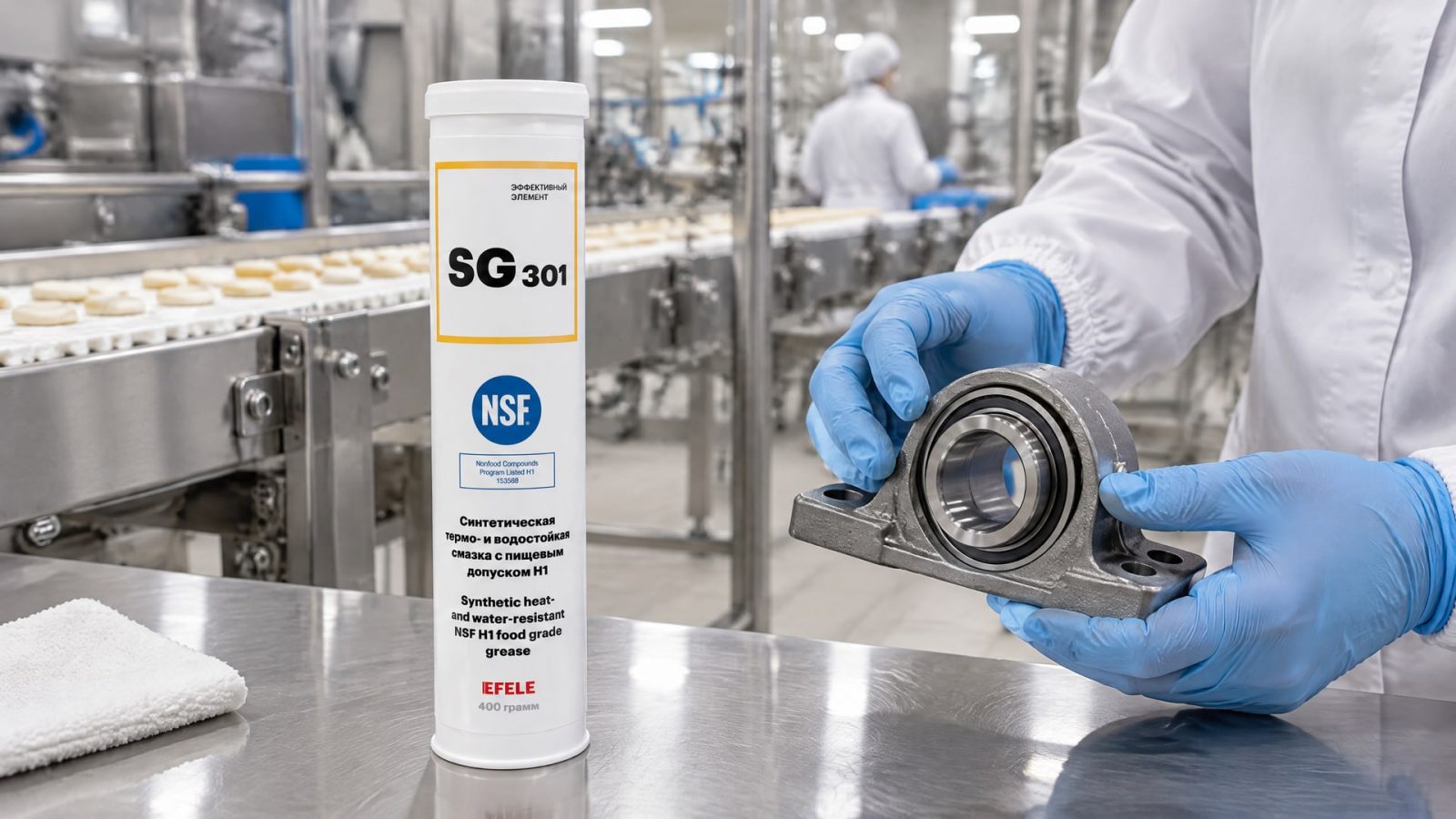 Рука в перчатке наносит пищевую смазку EFELE SG-301 на упаковку.