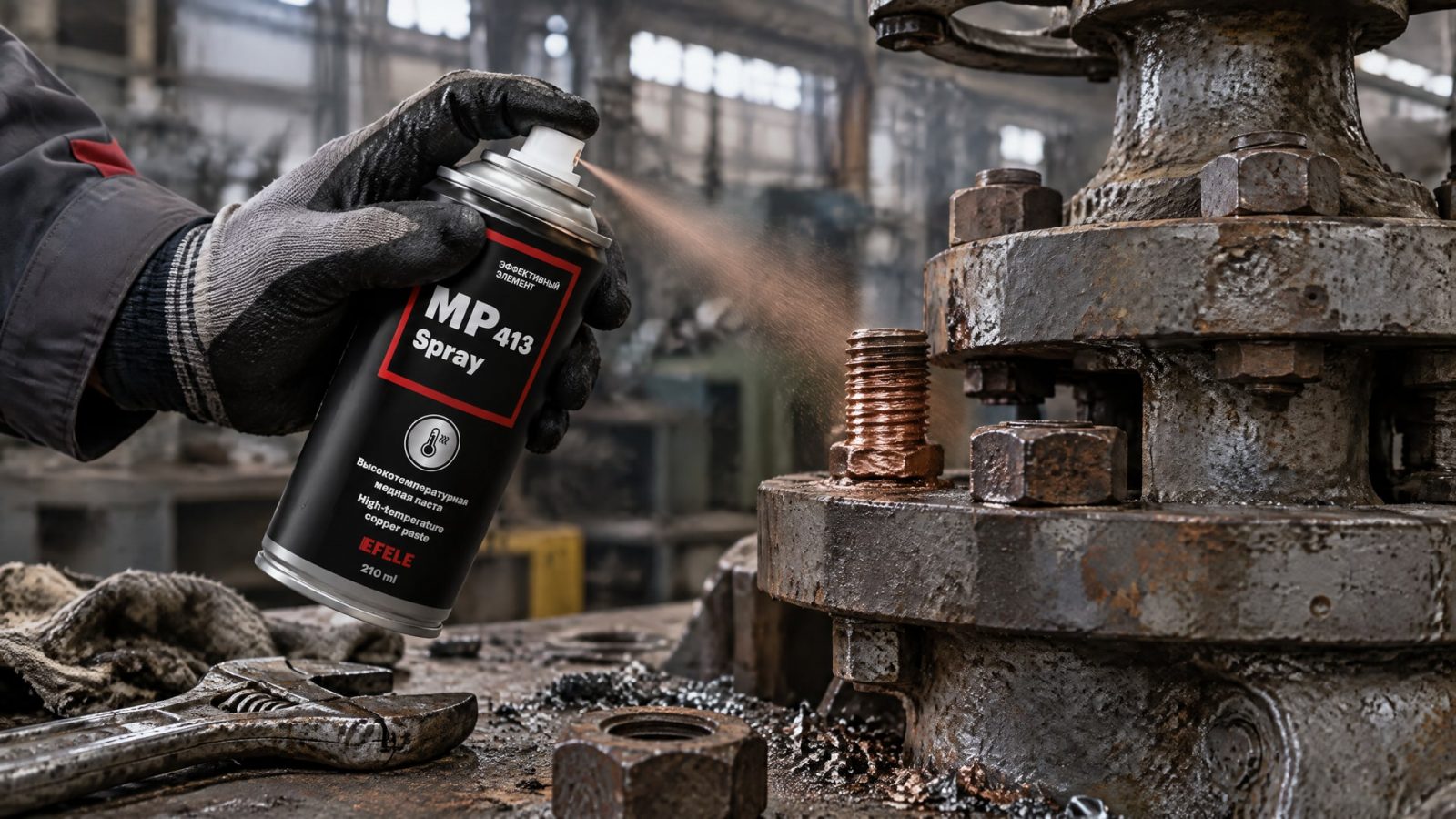 Рука наносит медную пасту EFELE MP-413 Spray для покрытия задвижек.
