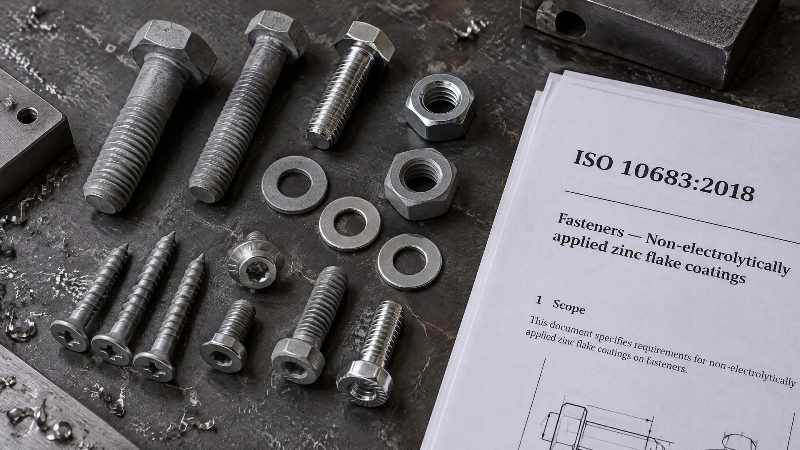 Болты, гайки и винты с полимерным покрытием лежат рядом с документом ISO 10683:2018.