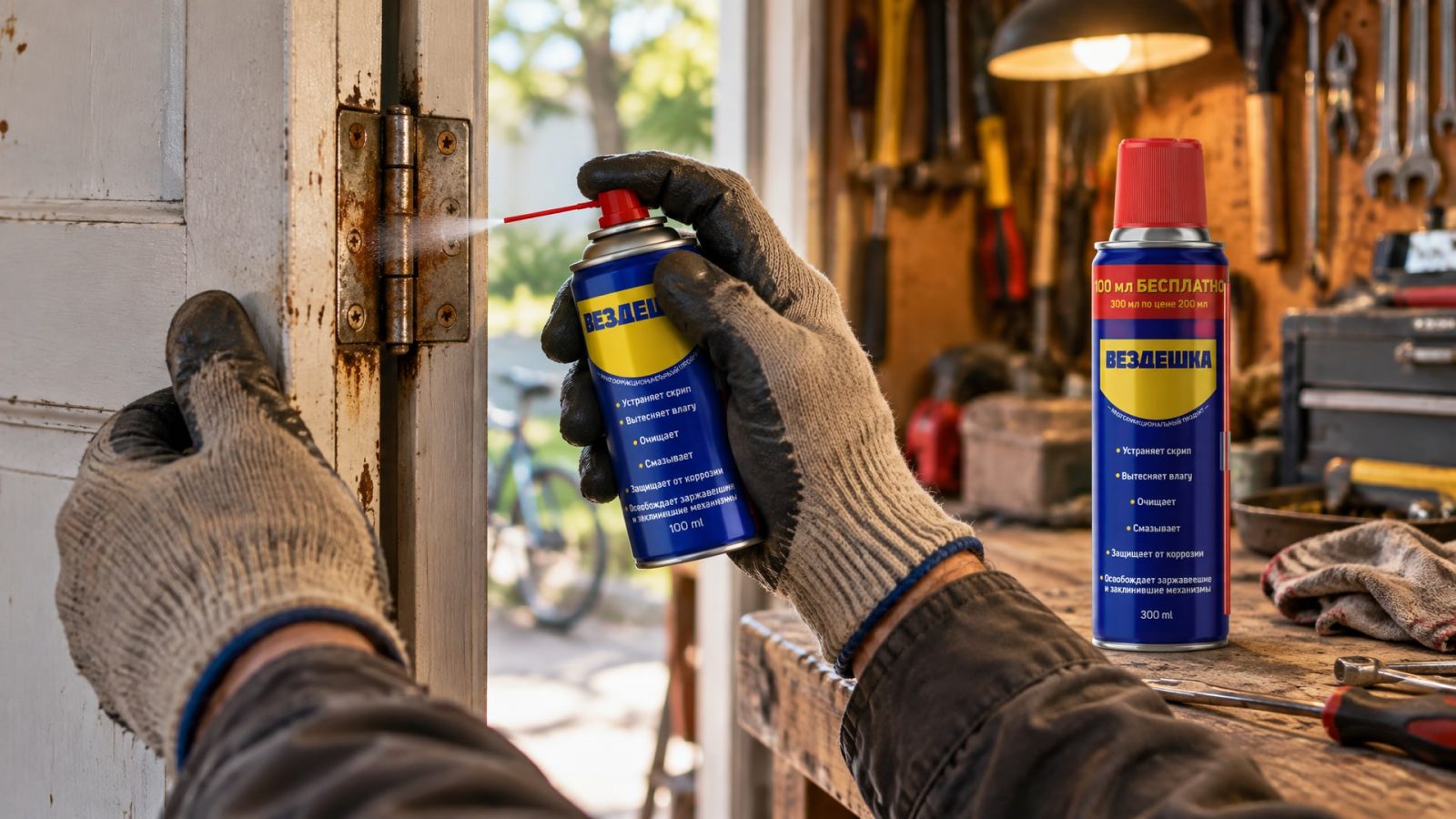 Рука в перчатке наносит универсальную смазку WD40 на предмет.