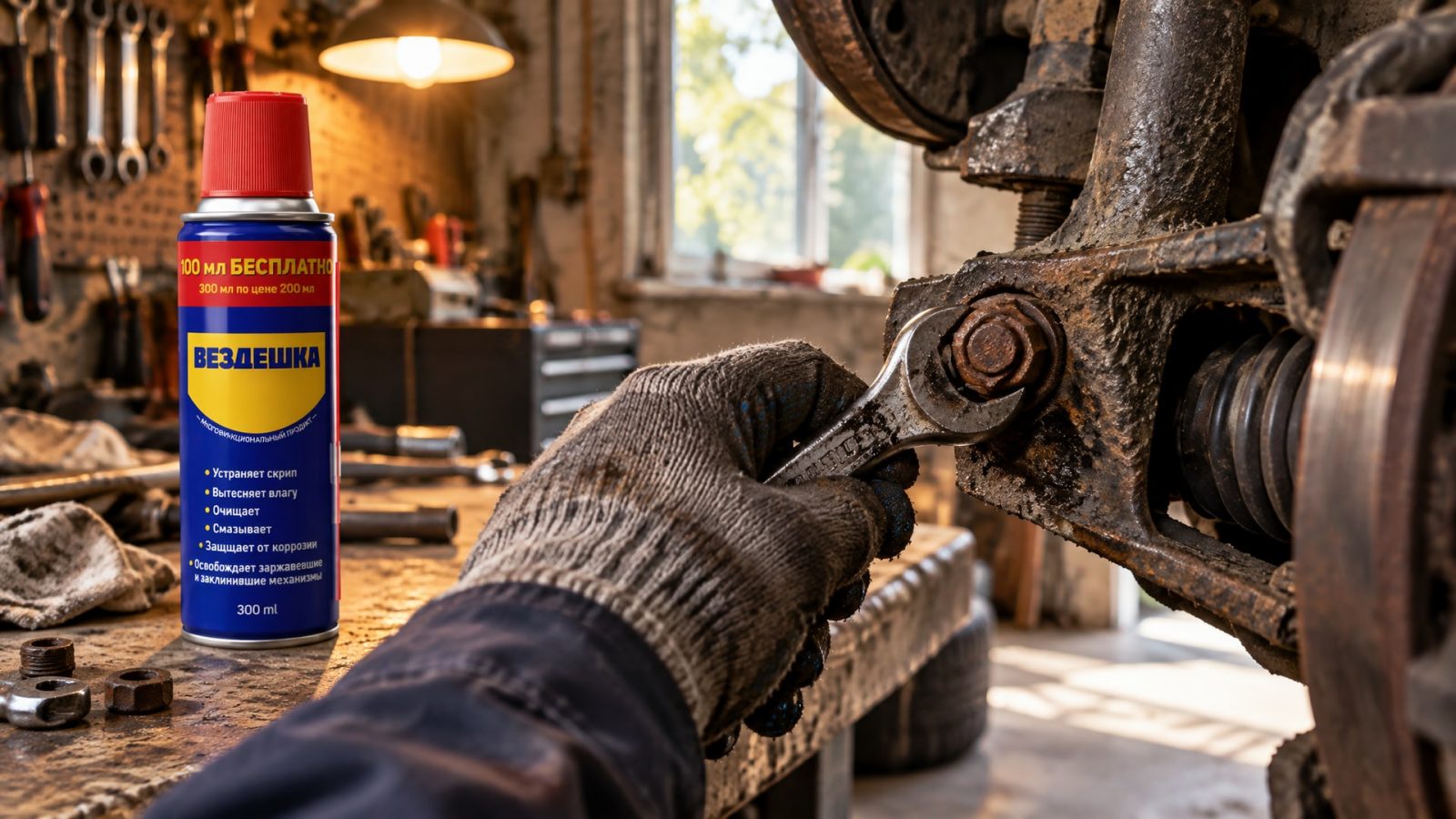 Рука в перчатке наносит универсальную смазку WD40 на резьбовое соединение.
