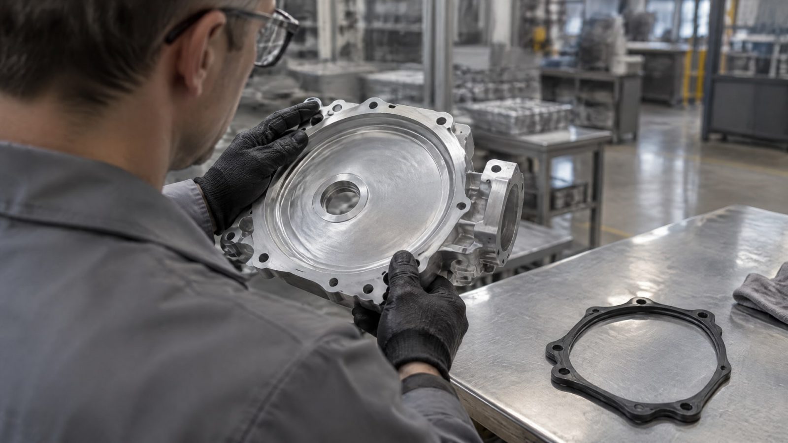 Инженер осматривает сухое покрытие на алюминиевой детали, рядом лежит резиновая прокладка для скольжения.