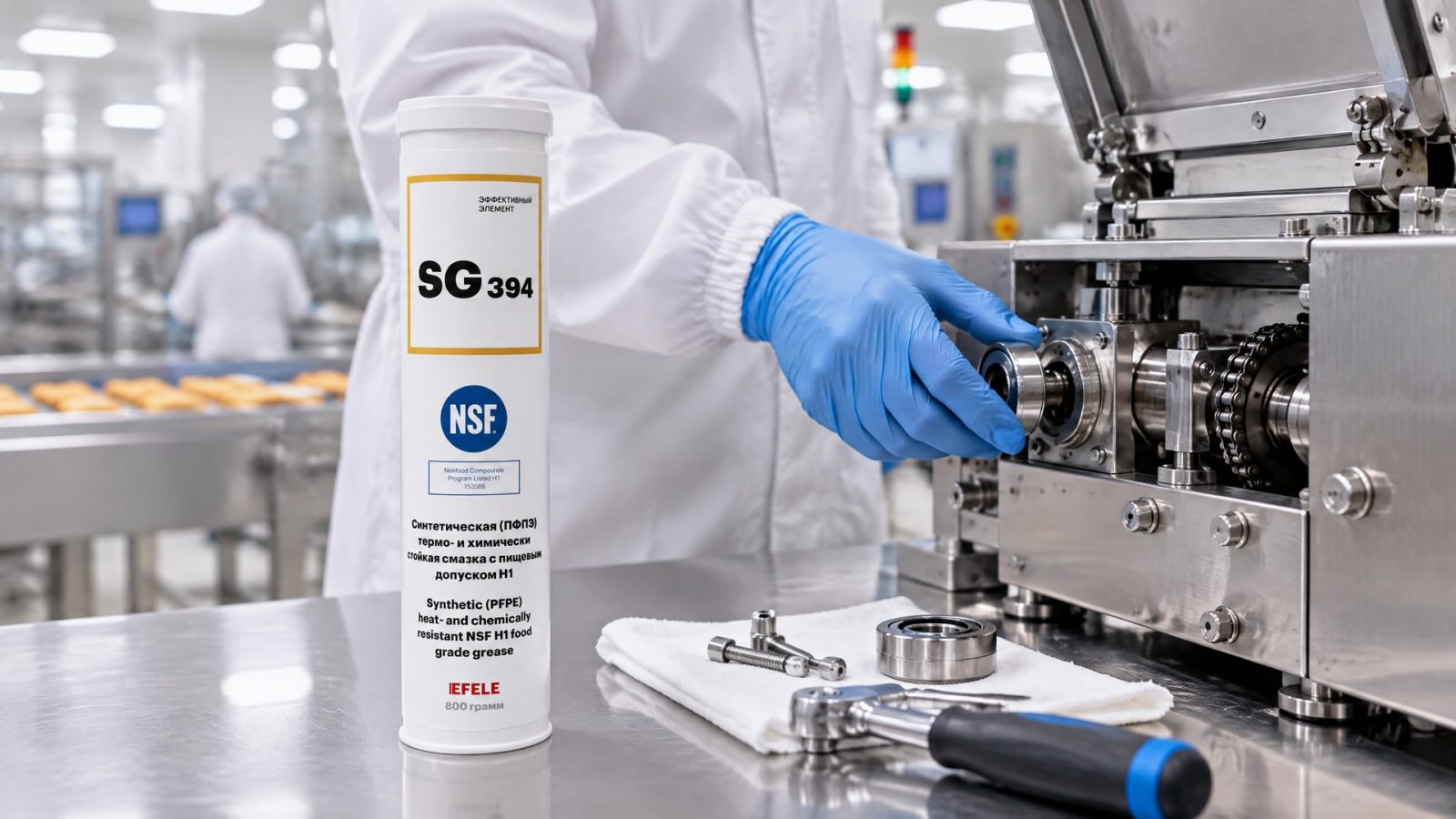 Рука в перчатке наносит смазку EFELE SG-394 (термо-химстойкая, NSF H1) на упаковку.