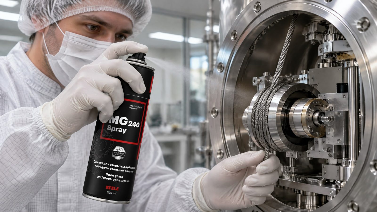 Рука наносит смазку EFELE MG-240 Spray на стальной канат.