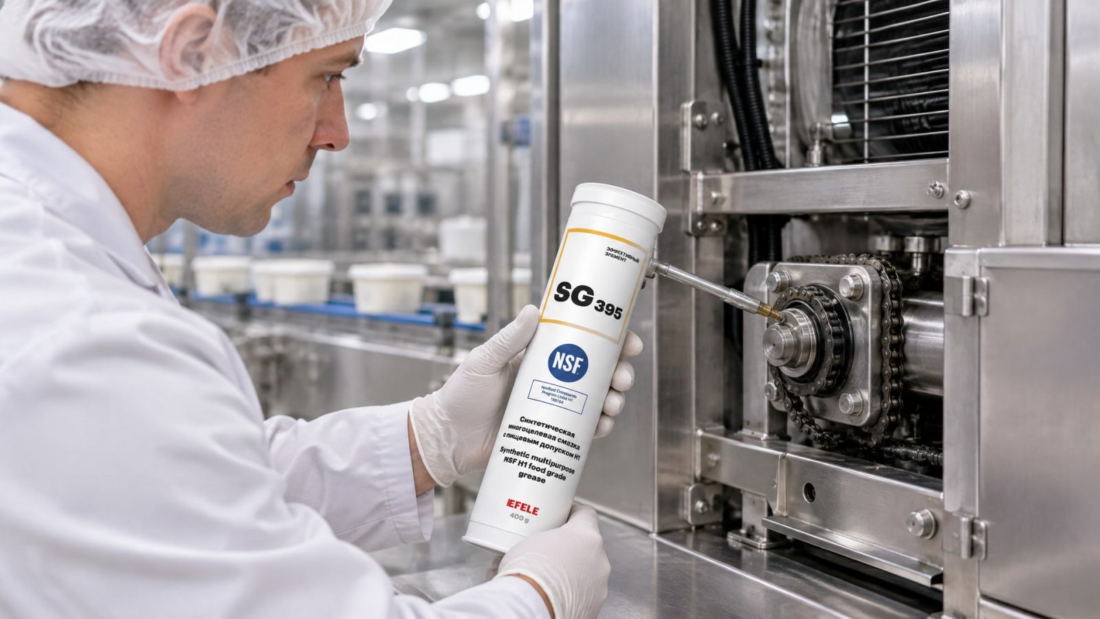 Рука в перчатке наносит смазку EFELE SG-395 (NSF H1) на оборудование.