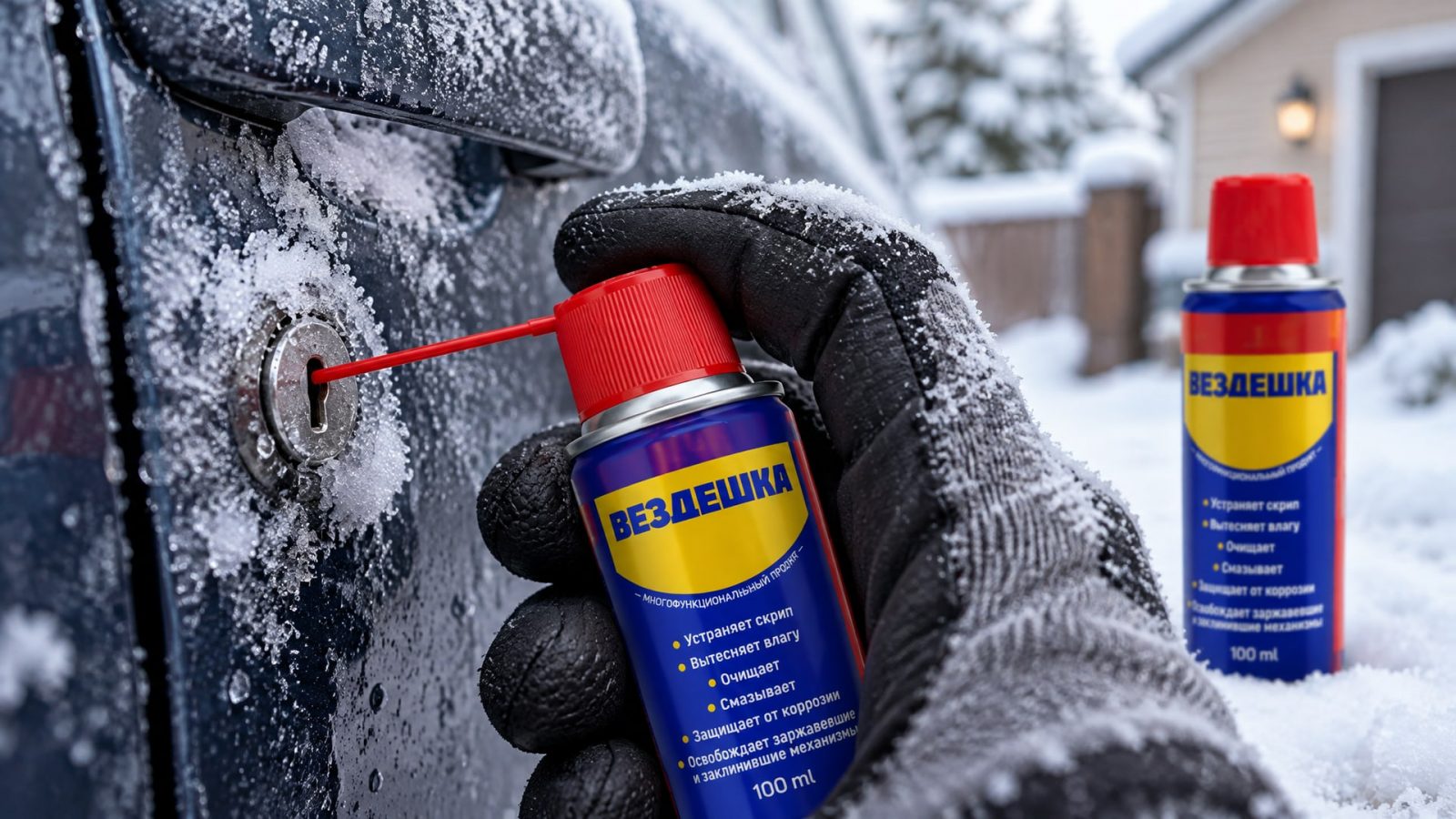 Рука в перчатке распыляет универсальную смазку WD-40 на замок.