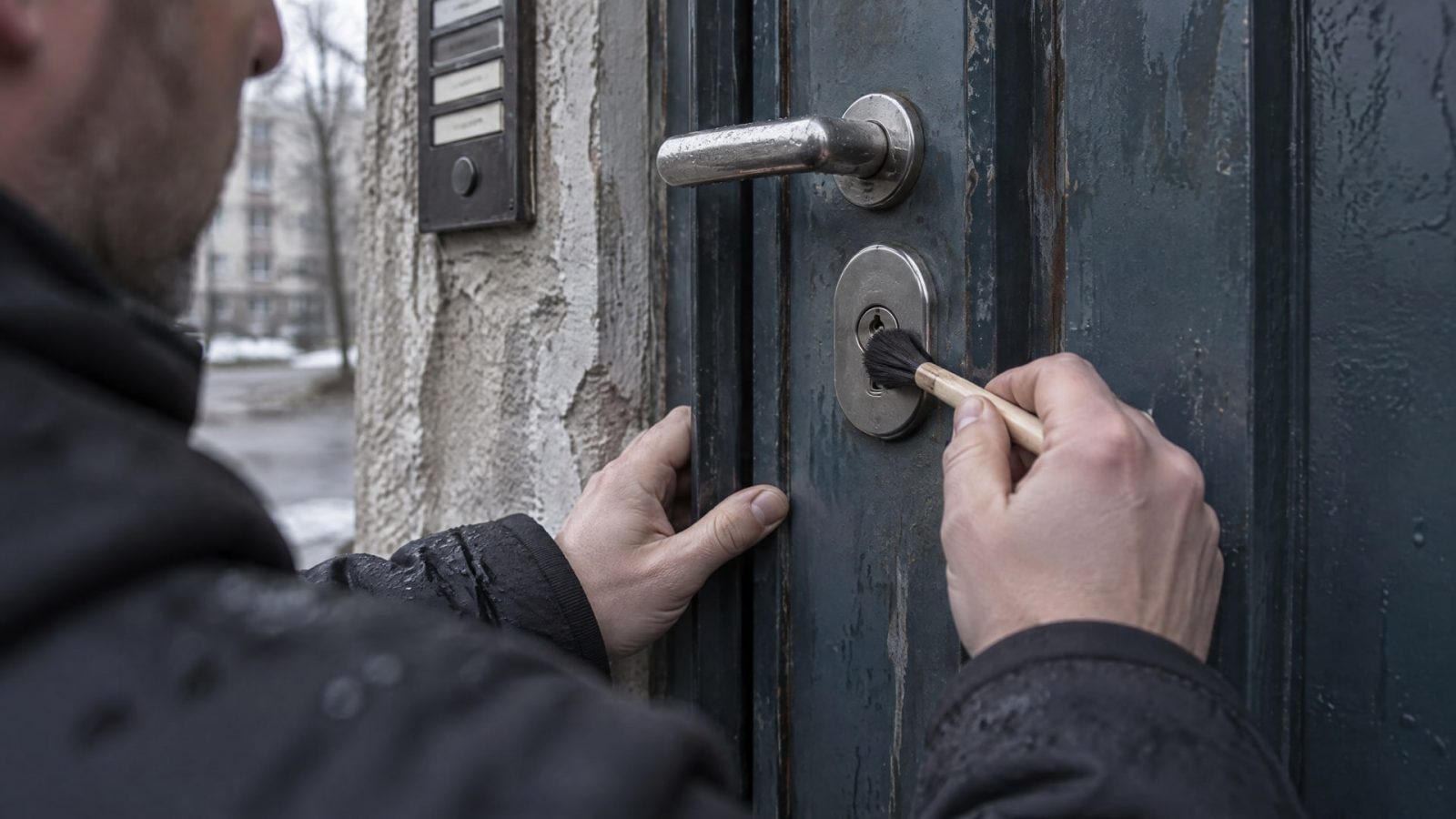 Человек чистит замочную скважину металлического дверного замка мягкой щеткой перед смазкой.