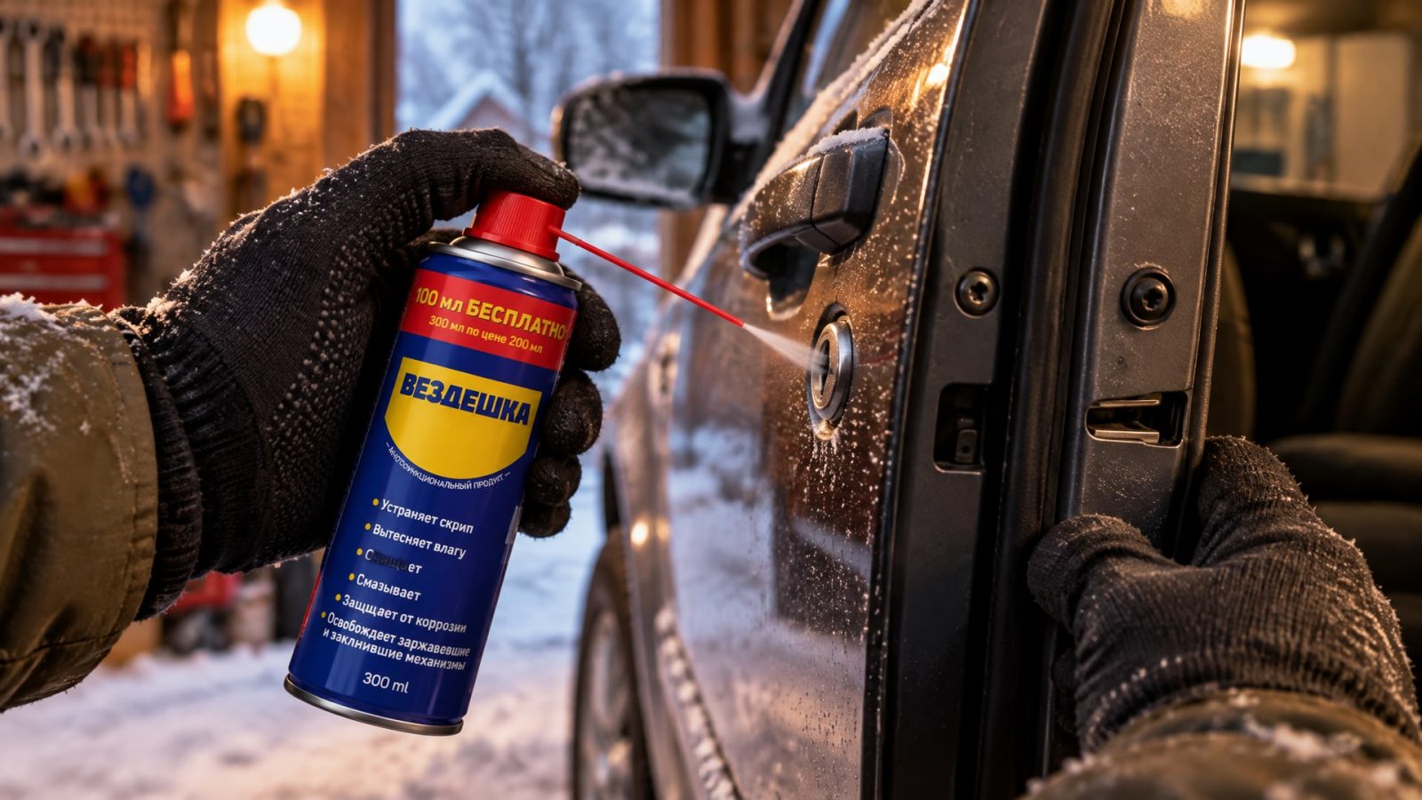 Рука в перчатке наносит универсальную смазку WD-40 на замок.