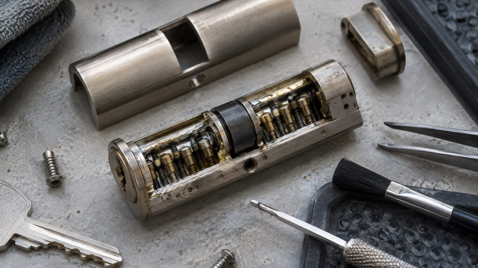 Накладной дверной замок, смазанный WD40, с инструментами на столе.