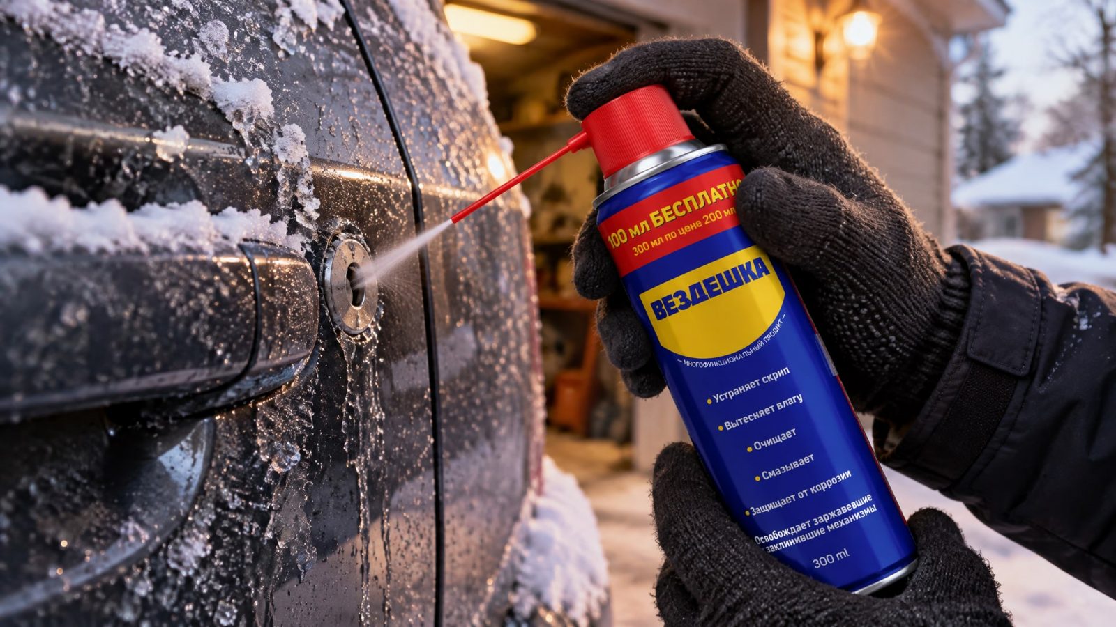 Рука в перчатке наносит универсальную смазку WD-40.