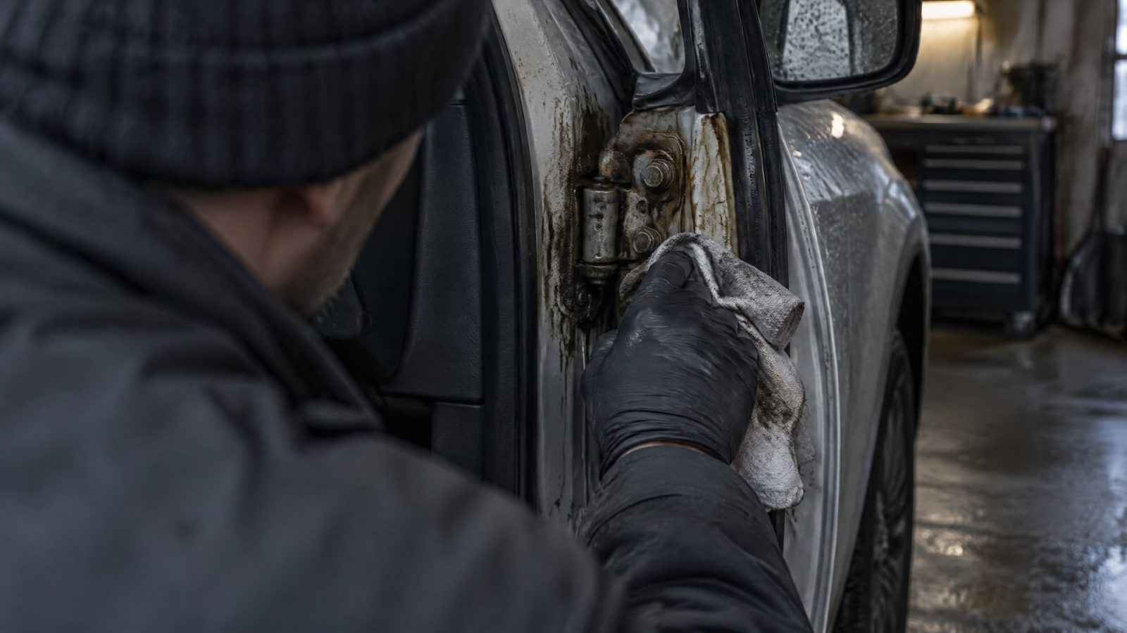 Руки в перчатках вытирают старую, грязную петлю автомобильной двери в тусклом гараже.