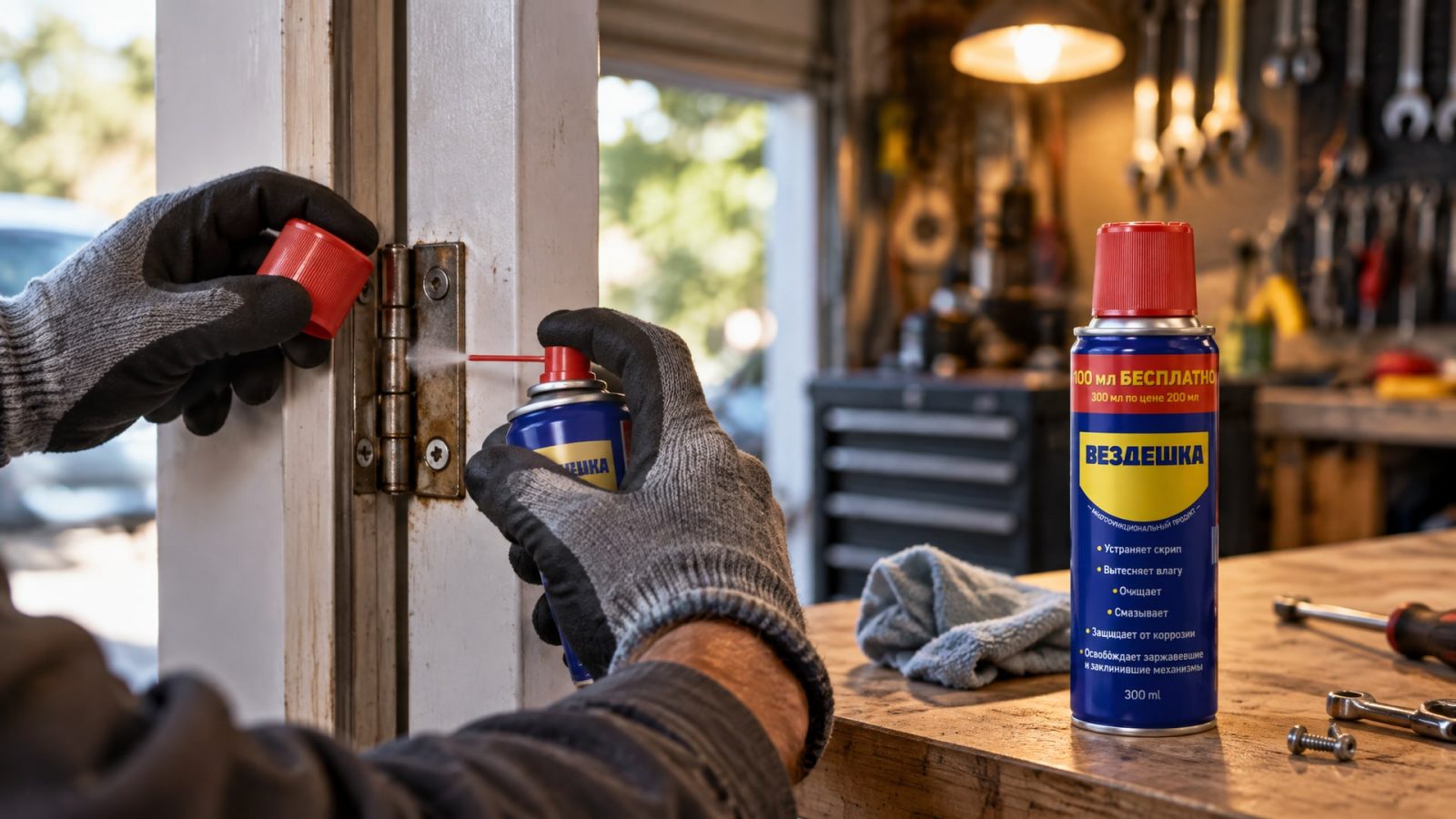 Нанесение универсальной смазки WD-40 на петли двери.