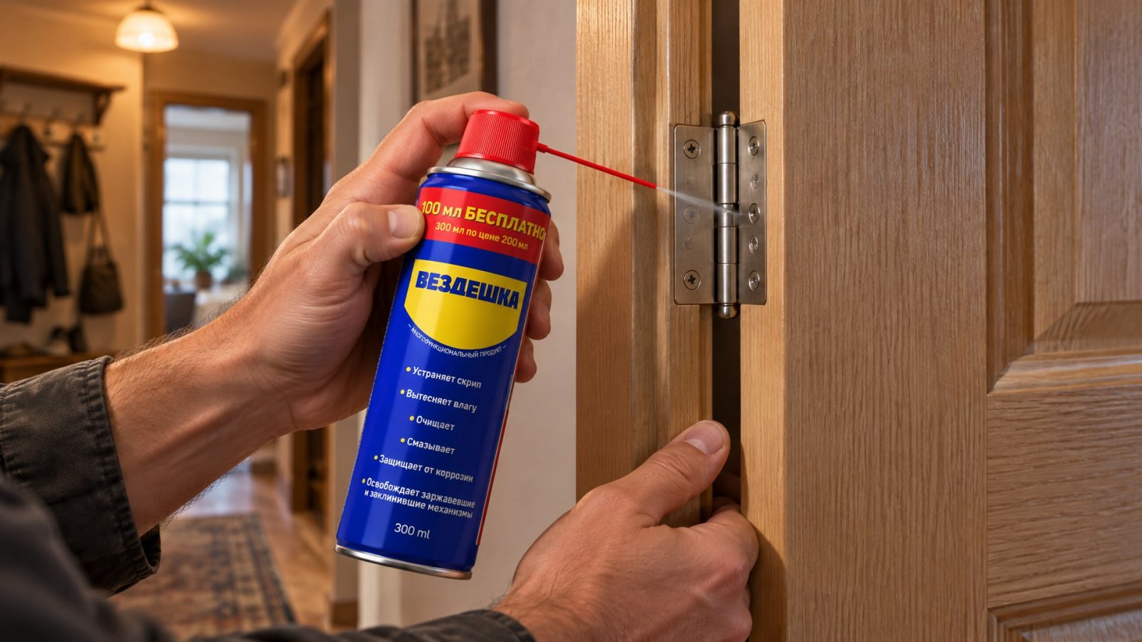 Рука в перчатке наносит wd-40 на дверную петлю.