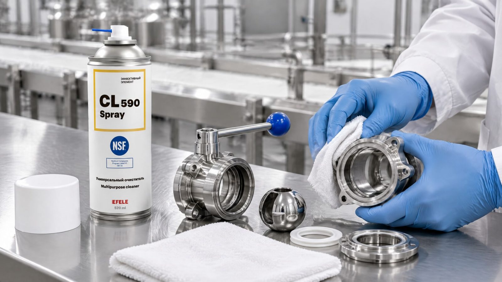 Рука в перчатке наносит очиститель EFELE CL-590 Spray на арматуру.