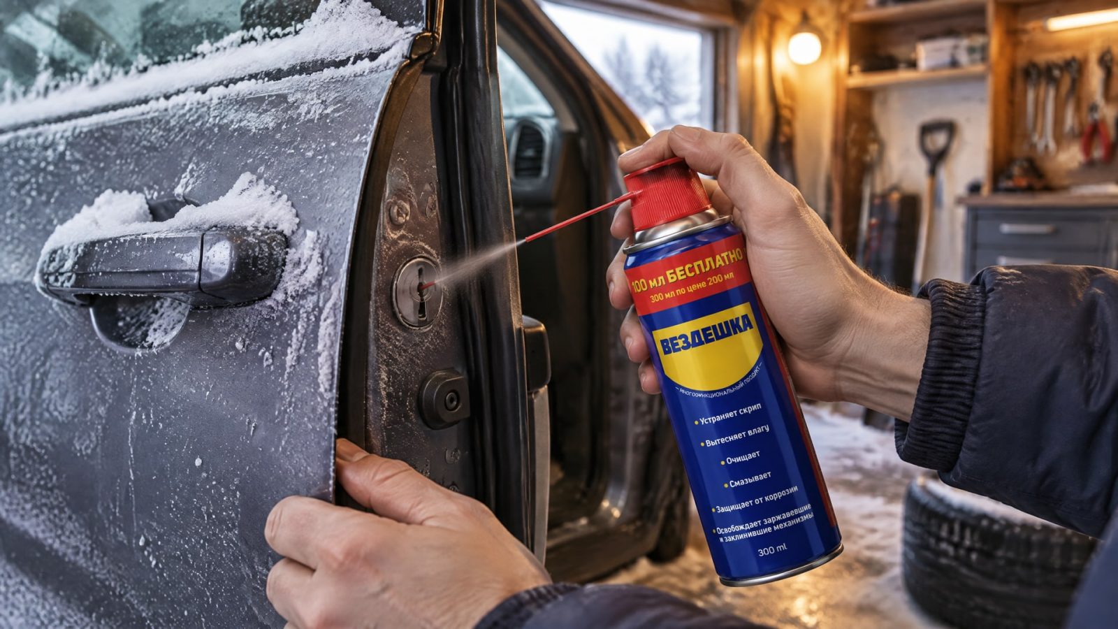 Рука в перчатке наносит универсальную смазку wd-40 на замок автомобиля.