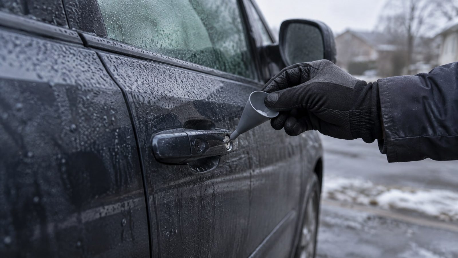 Рука в перчатке насыпает графитовый порошок в скважину автомобильного замка с помощью воронки.