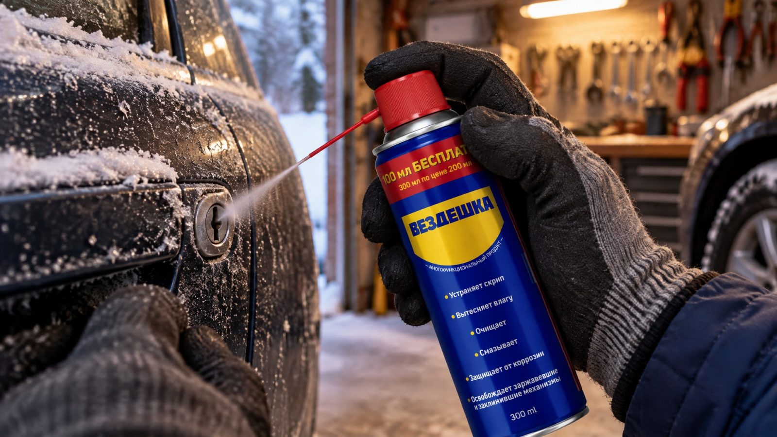 Рука наносит универсальную смазку WD-40 на замок двери автомобиля.