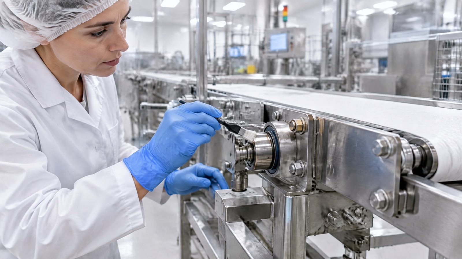 Работник наносит смазку на ролик конвейера, обеспечивая смазка и качество продукции на производстве.