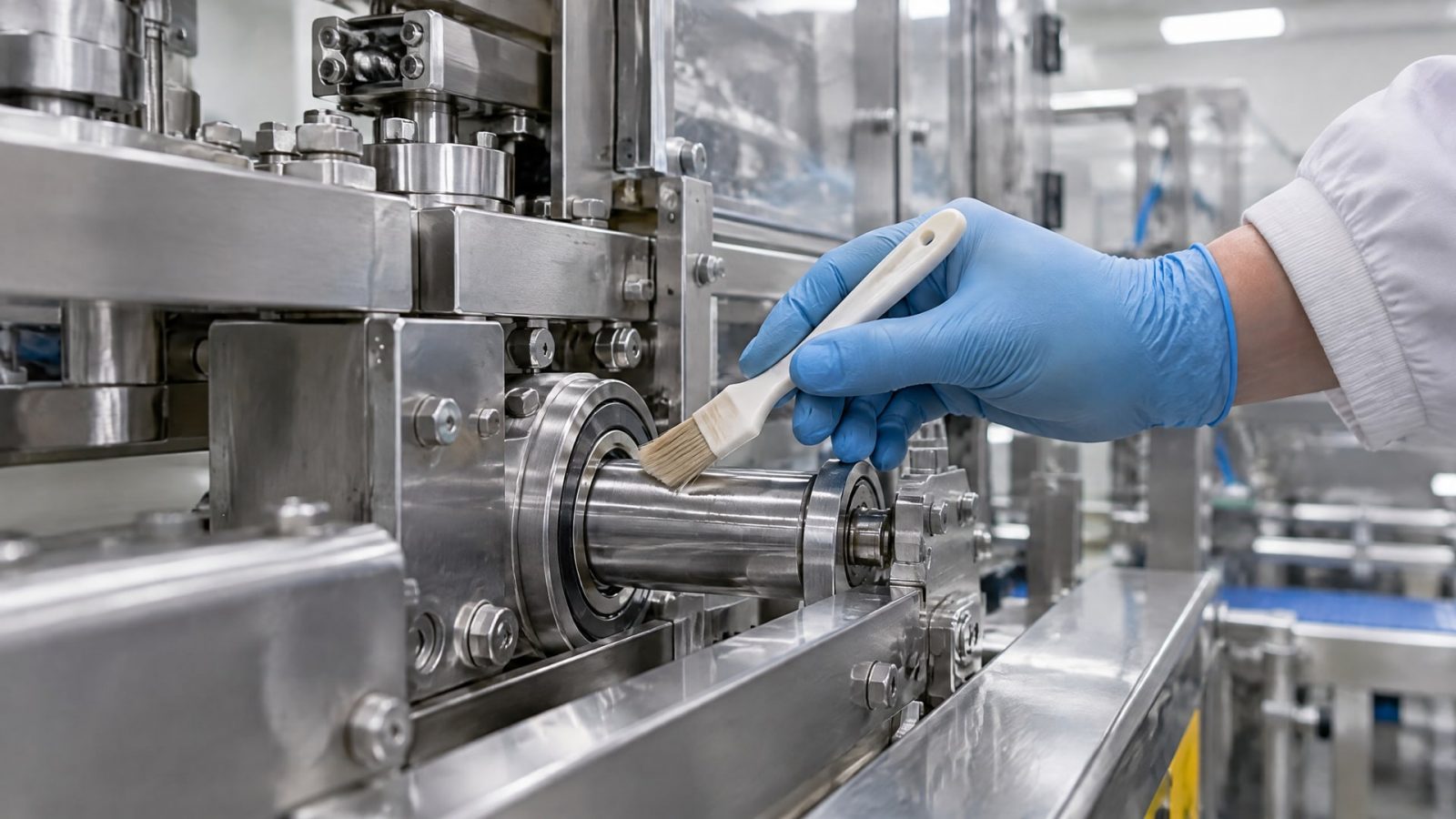 Рабочий аккуратно наносит смазку пищевую nsf h1 на блестящую стальную деталь машины.